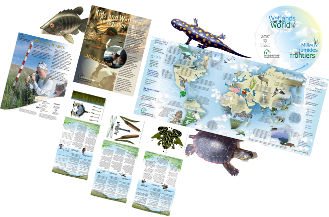 Wetlands and the World | Ducks Unlimited Canada Cross-functional program celebrating cultural diversity within an environmental education program targeted at senior elementary students. Select pieces executed in Arabic, Spanish, Korean, Punjabi, Chinese, Cree, Ojibwe, Vietnamese, French, English, Urdu and Somali. 